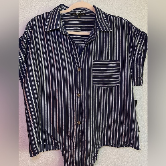 NWT Always Indigo Blue Stripped Button Up Womens Small Created In L.A - Picture 2 of 11